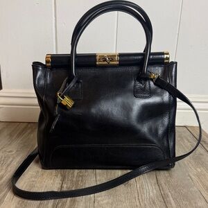 Giada Pelle Vintage Black Leather Top Handle Bag Italy Gold Hardware Satchel